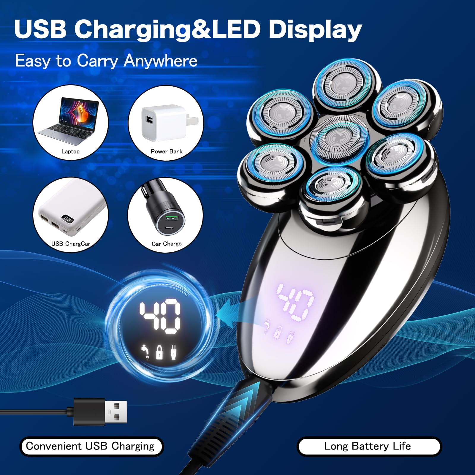 delpattern Head Shavers for Bald Men, Magnetic Electric Razor, 7D Rotary Shaver 5 in 1 Grooming Kit, IPX7 Waterproof, Wet/Dry, LED Display, Rechargeable, Cordless
