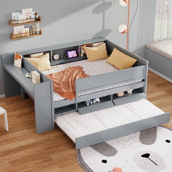 Multi-Functional Twin Daybed with Drawers and Trundle,  Headboard Storage and Tables, USB Charging Station, Gray