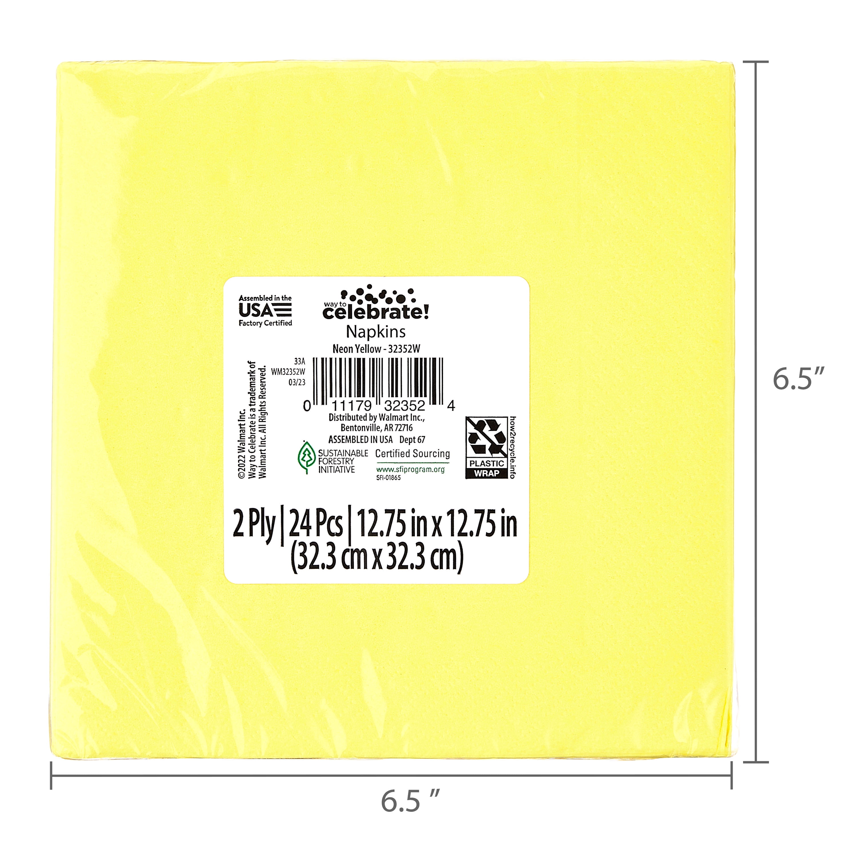 (6 pack) 24 Count 6.5IN x 6.5IN Yellow Disposable Paper Napkins by Way To Celebrate
