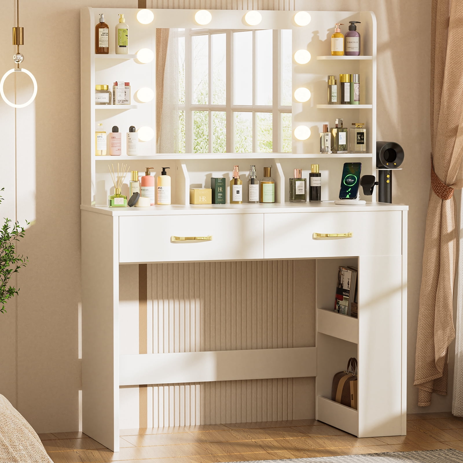 LUCKLIFE Vanity Desk with LED Lights Mirror & Power Outlet,Makeup Vanity Table for Women Girls Bedroom, White