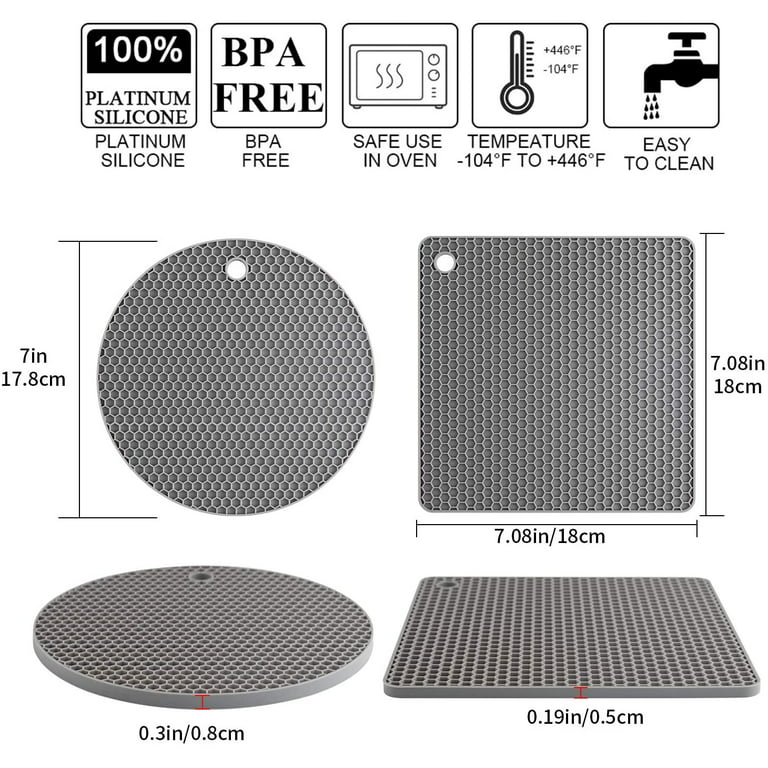 Silicone Trivet Pot Mat, Silicone Pot Holders for Hot Pan and Pot Pads.  Heat Resistant Counter Mats for Tables Placemats,Countertops, Spoon Rest  and Large Coasters,4 Pack Black(2 Squared + 2 Round) 