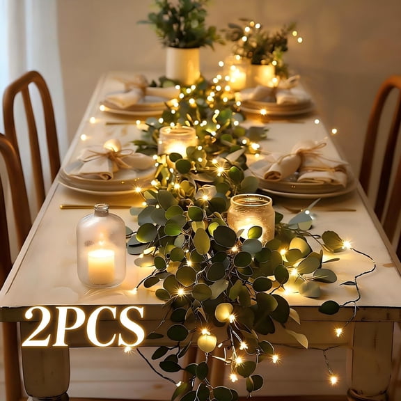 Eucalyptus Garland with Lights, 2 Packs Green Flower Garland Decor, Artificial Faux Eucalyptus Leaves Greenery Vines for Table Runner Wedding Centerpieces Backdrop Decorations (Warm Color)