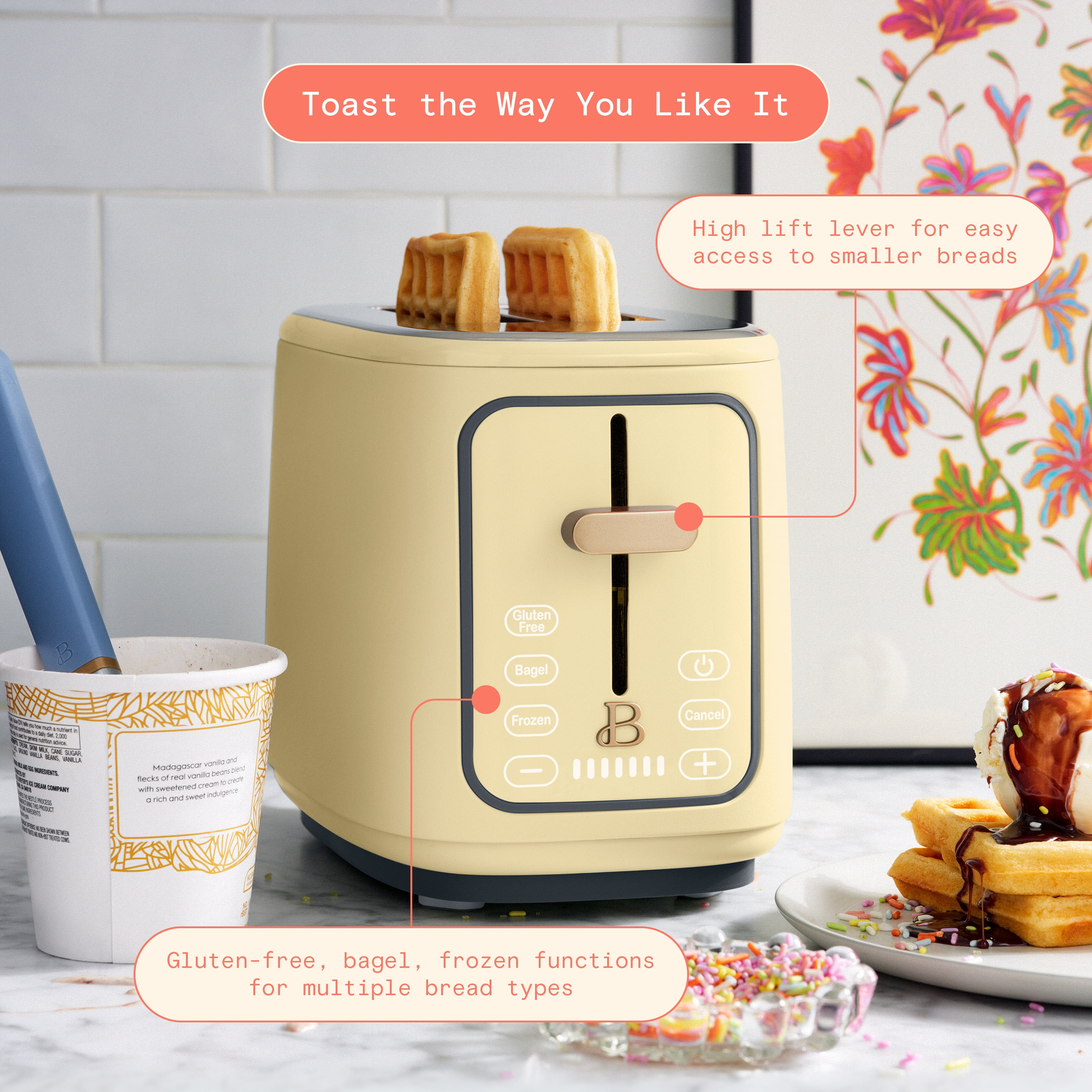 Beautiful 2 Slice Toaster with Touch-Activated Display, Buttercream by Drew Barrymore