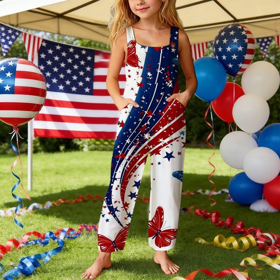 MEZZALL Kids Girls Casual Loose Fit Sleeveless Long Romper Square Collar With Pockets Patriotic Print Jumpsuit For Play And Holiday Jumpsuits 1776-2026 Holiday One-Pieces