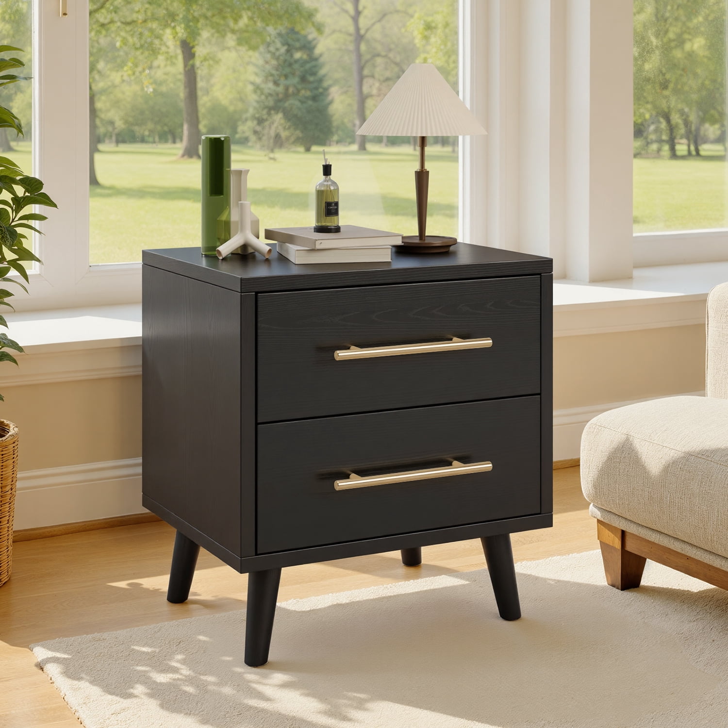 Aiho 2 Drawer Wood Dressers, Wide Chest of Drawers with Gold Handles for Living Room , Black