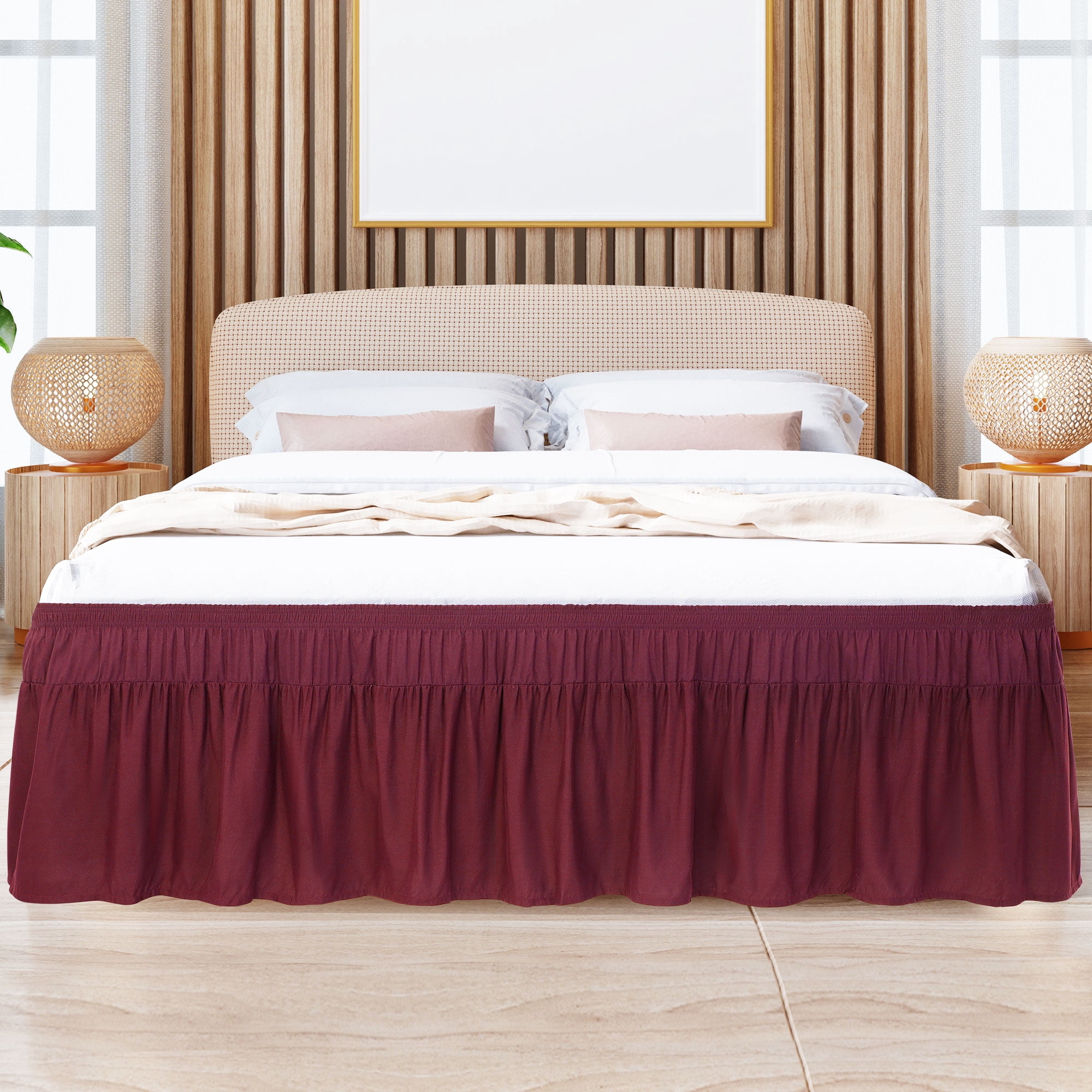 PiccoCasa Polyester Brushed Bed Skirt with Elastic Dust Ruffles 16" Drop, Queen Burgundy
