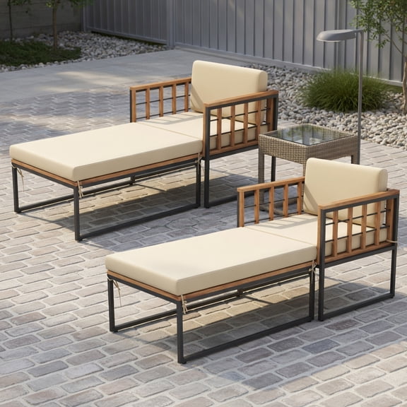 GVN Chaise Lounge Outdoor, Lounge Chair Outdoor,Patio Acacia Wood Armchair with Long Ottoman and Seat Back Cushions