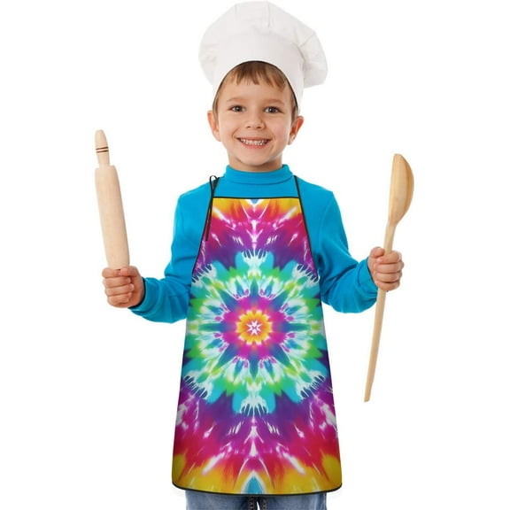 Colorful Rainbow Tie Dye Spiral Pattern Kids Aprons for Girls and Boys,Adjustable Neck Strap Toddler Aprons for Kids Cooking Baking