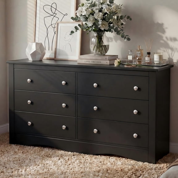 Homall 6 Drawer Dresser for Bedroom, Wood Double Chest of Drawers with Metal Handles, Wide Storage Cabinet Organizer for Living Room, Black