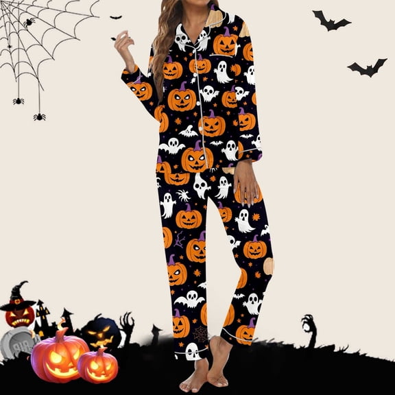 FASHOFT Womens Halloween Pajamas Set Pumpkin Ghost Print Silk Satin Long Sleeve Button Down Shirts Matching Pants Set Cute Comfy Pjs Black L