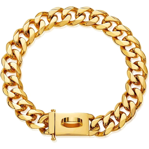 Collar dorado para perro, collar de cadena con hebilla resistente, collar de cadena de eslabones cubanos para perros grandes, collar de eslabones cubanos brillantes con cierre de circonita.