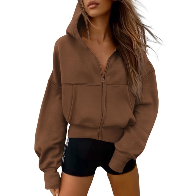 Sudadera con Capucha Marrón para Mujer PRETTYGARDEN con Cierre - Talla Grande