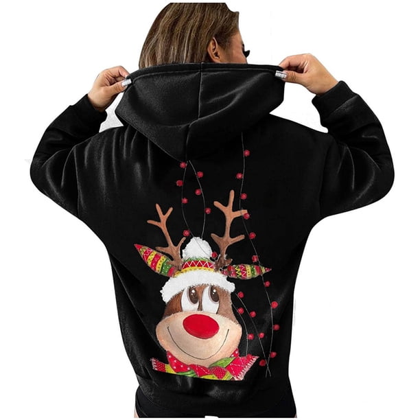 Sudaderas con capucha de gran tamaño para mujer, sudaderas con estampado de alces de Navidad de manga larga con bolsillo, Tops con cordón Fridja FKASFK5219