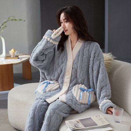 

QWZNDZGR Winter Flannel Elegant Women Cartoon Sleepwear Girls Pajamas Pajama Sets Nightwear Coral Fleece Pijamas Mujer Homewear Fashion