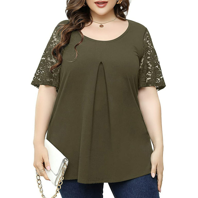 Penkiiy Fashion Woman Causal Round Neck Solid Blouse Lace Short SleeveT- Shirt Summer Plus Size Tops Plus Size T-Shirts L Green 2023 Summer Deal 