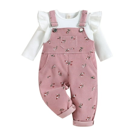 

Zlekejiko Kids Toddler Baby Girls Long Ruffled Sleeve Ribbed Tops Floral Print Suspender Pants 2PCS Set
