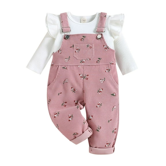 Mercatoo Toddler Baby Girls Overalls Set Knit 𝗥uffle Long Sleeve Pullover Shirts Adjustable Spaghetti Strap Cute Pants Outfit