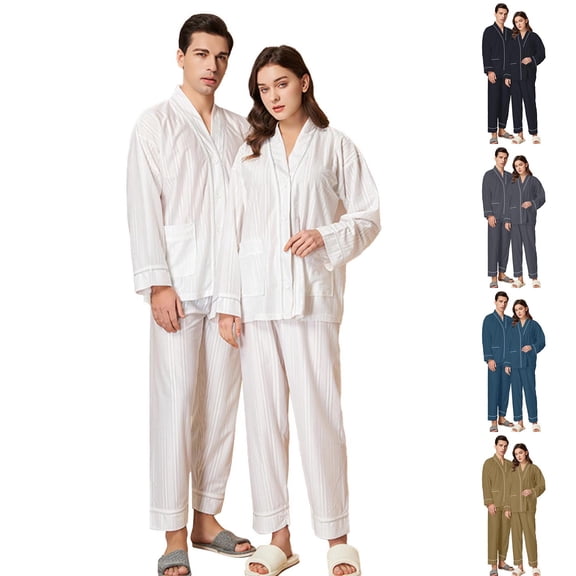 Couples Pajamas Matching Sets Solid Color Long Sleeve Sleepwear Set Comfy Button Holiday Button up Loungewear 2 Piece Black L