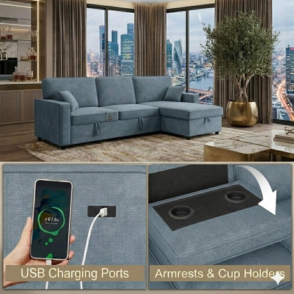 Howcool Sectional Sleeper Sofa,L Shaped Chenille Convertible Sofa Bed 89" 3 Seater with Flip-Down Center Console & USB Charging Ports,Pull Out Couch for Living Room Apartment Office,Blue