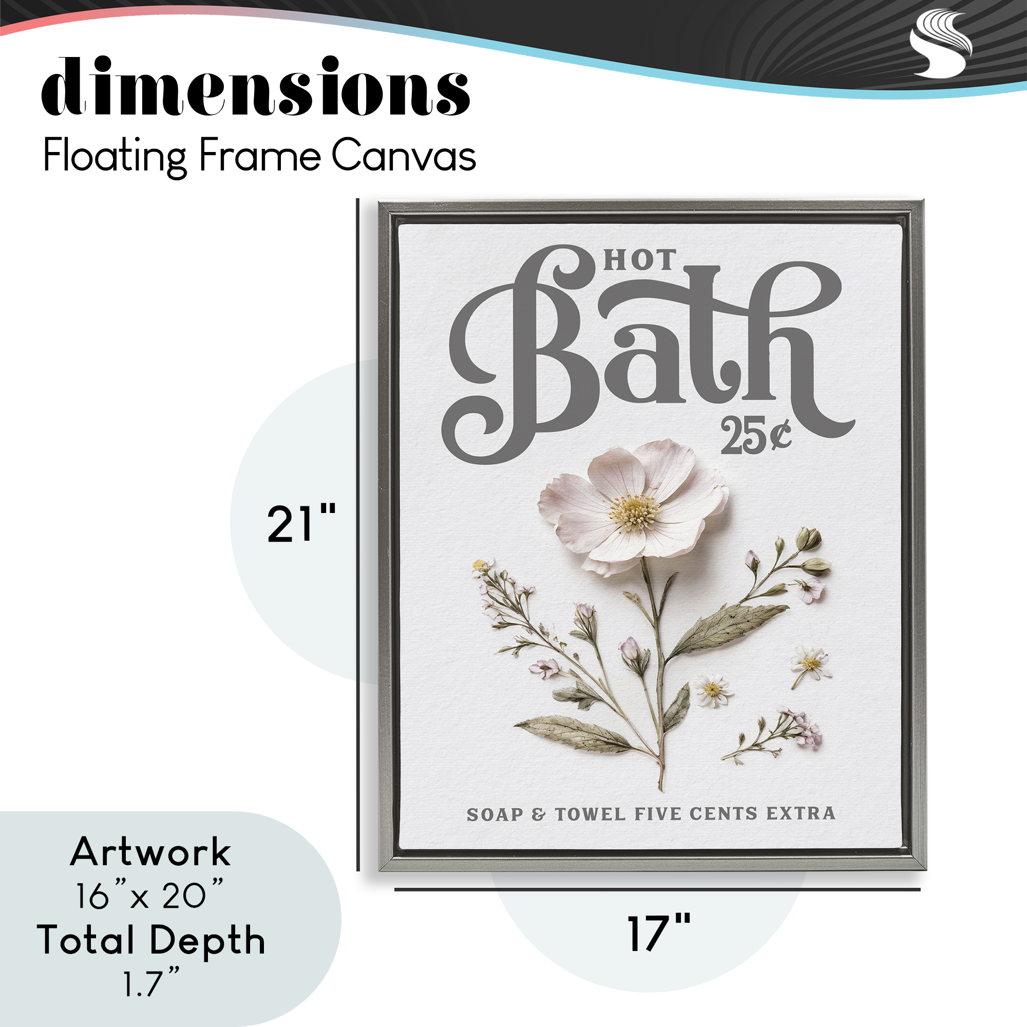 Pressed Flower Vintage Bath Gray Framed Floater Canvas Wall Art, design by Lettered and Lined