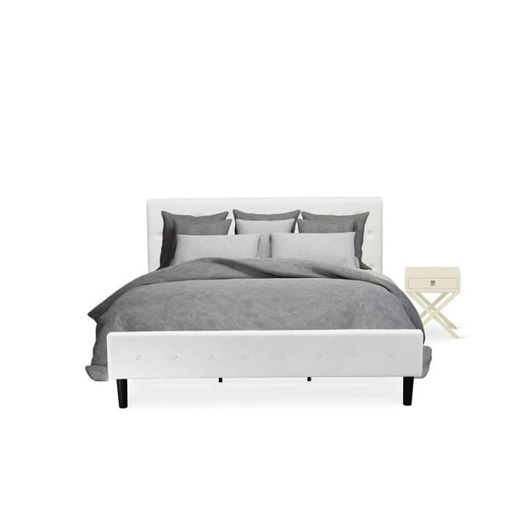 East West Furniture NL19K-1HA05 2 Piece Bedroom Set - 1 Modern Bed White Velvet Fabric Headboard and 1 Modern Nightstand - White Finish Nightstand