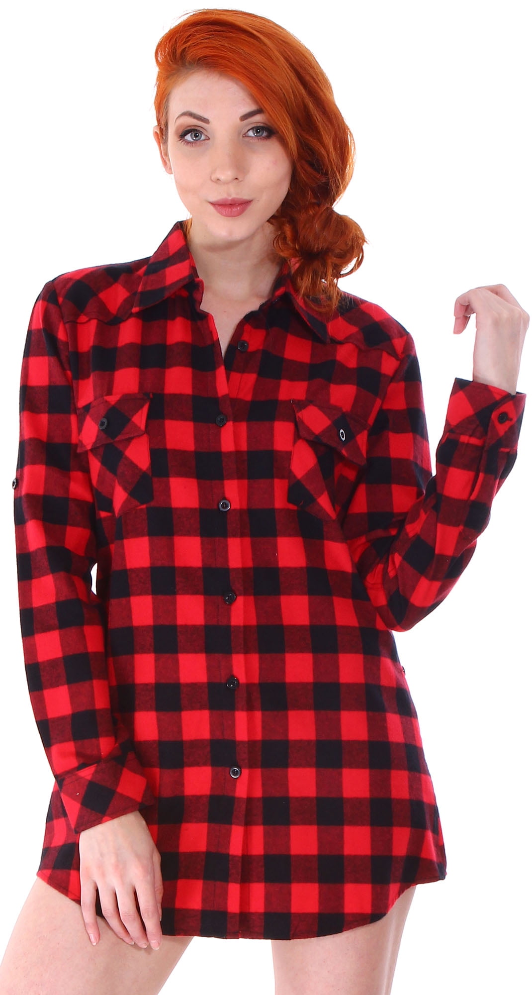 Women's Roll Up Sleeve Mid-long Style Brushed Plaid Flannel Shirt,Red Black  