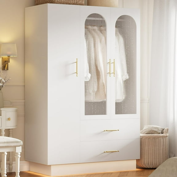 70" Tall Storage Cabinet with 3 Doors & 2 Drawers,Modern Large Storage Cabinet with LED Light & Fluted Glass Door,Hanging Rods & Adjustable Shelf, Sturdy Thick Frame for Home Office（ship in 2 boxes）