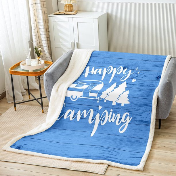 Happy Camping Blanket Throw RV Trailer Camper Sherpa Blanket Sofa Bed