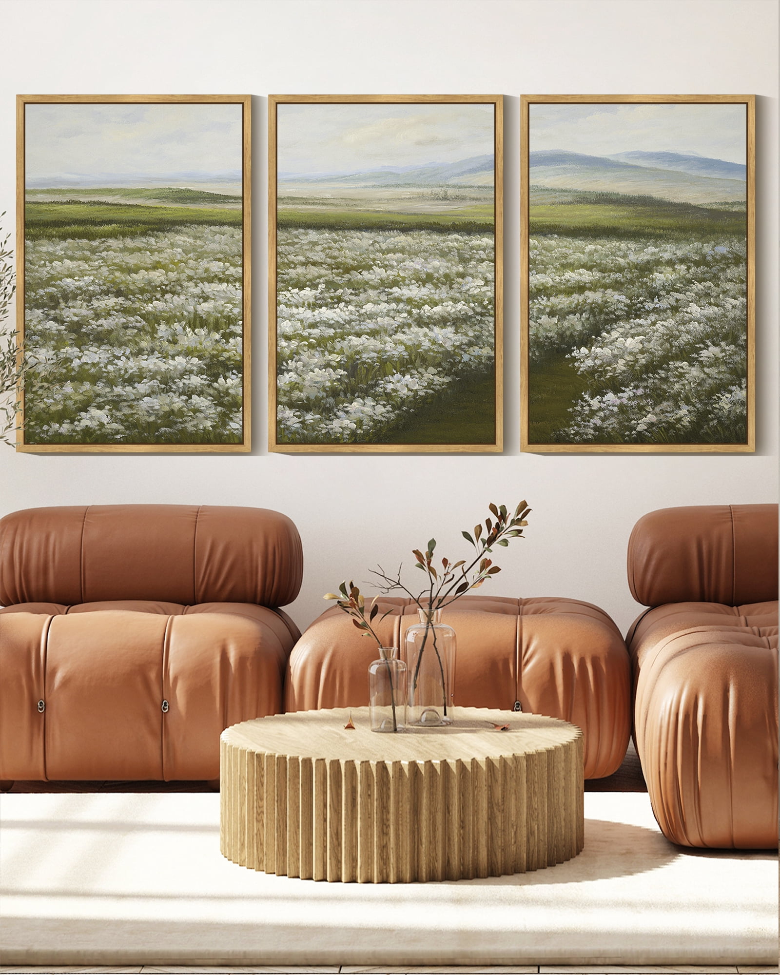 Drsoum Vintage Wall Art 16x24in3pcs Natural Framed Rustic Meadow Sea of Wildflower Field Landscape Painting Retro Floral Scenery Farmhouse Kitchen Decor
