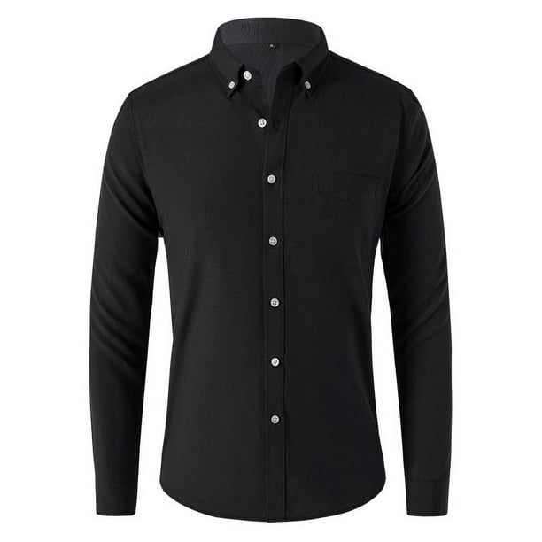 Blusa y camisa de manga larga con cuello alto para hombre, informal, con botones, de poliéster, de color liso y manga larga.