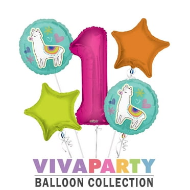 Selfie Celebration Llama Round Balloon Bouquet 5 pc, 1st Birthday, Hotpink Number 1 Jumbo Balloon | Viva Party Balloon Collection