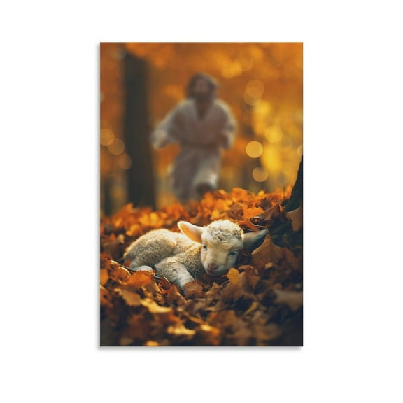 Jesus And The Lamb Wall Decor Poster Jesus Finds The Lost Lamb in Maple Forest Canvas Painting Wall Art Poster Scroll Canvas Painting Picture Living Room Decor Home 12x18inch(30x45cm)
