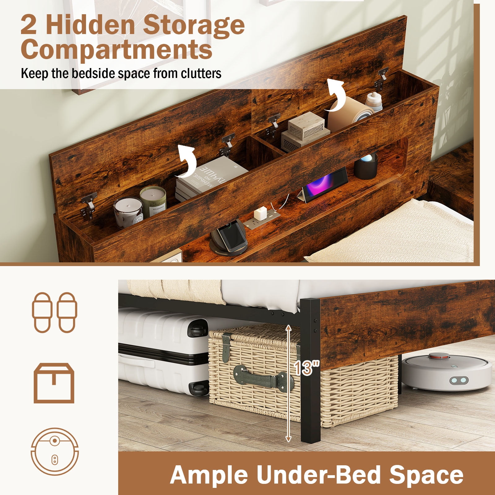 Furnibear Full Size Bed Frame, Slatted Platform Bed Frame with LED Lights, Full Bed Frame with Storage Headboard for Bedroom, Rustic Brown and Black