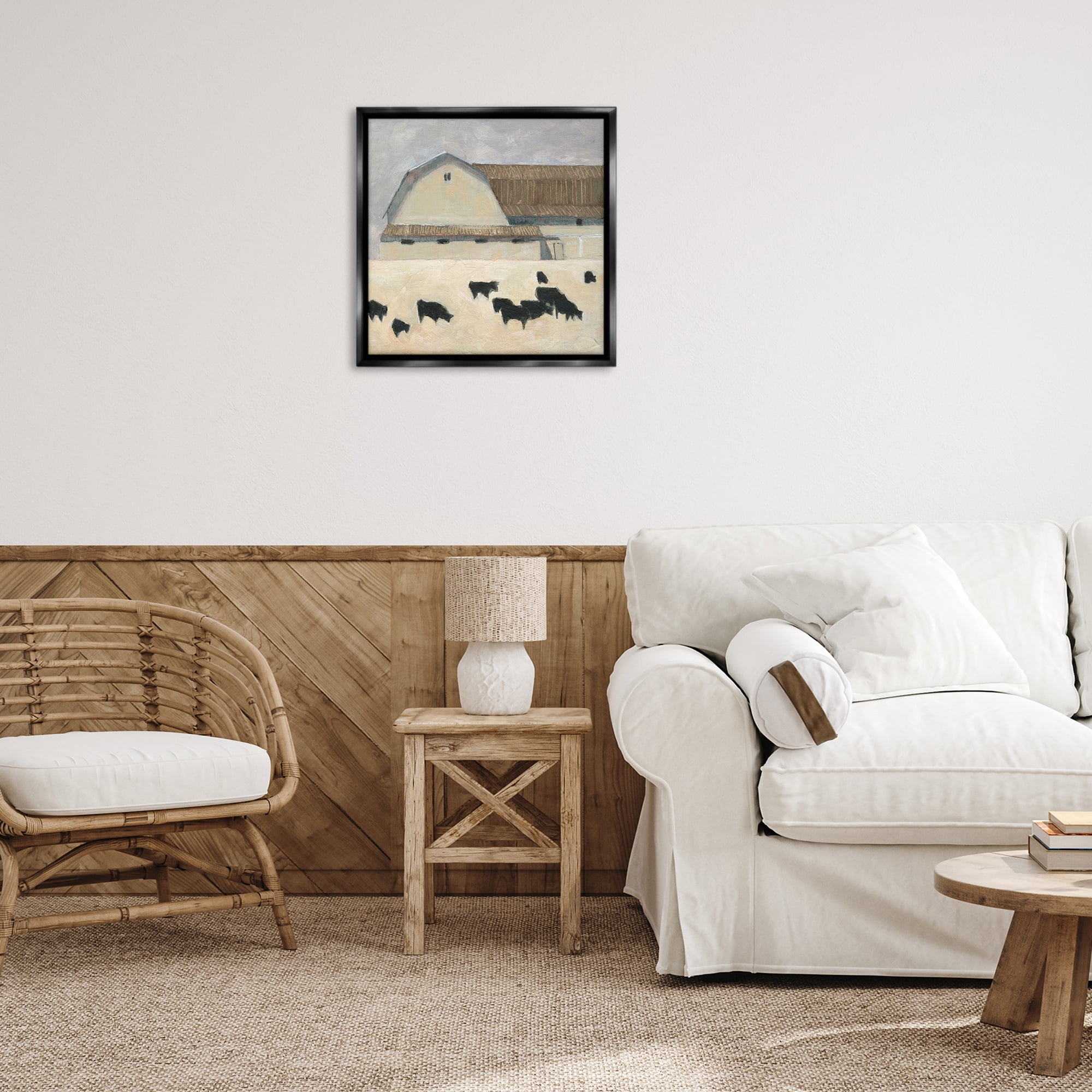 Stupell Industries Grazing Black Farm Cattle Animals & Insects Painting Black Floater Framed Canvas Art Print Wall Art, 25 x 25