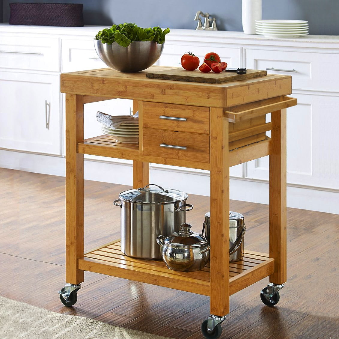Home Aesthetics Rolling Bamboo Kitchen Island Cart Food Prep Trolley, with  Towel