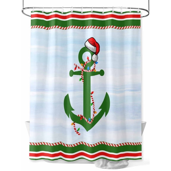 Christmas Nautical Extra Long Shower Curtain Set, Waterproof Shower Curtains for Bathroom, Blue Xmas Red Green Striped Washable Fabric Cloth Bath Curtain for Bathtub with Hooks 72x96 Inches