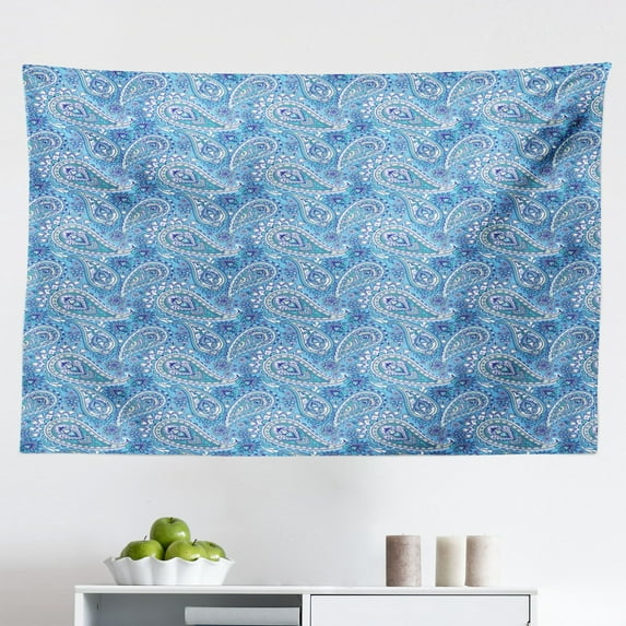 Blue Paisley Tapestry, Curvy Leave Ornaments Floral Curlicue Style Illustration Print, Fabric Wall Hanging Decor for Bedroom Living Room Dorm, 2 Sizes, Petrol Blue and Sea Blue, by Ambesonne