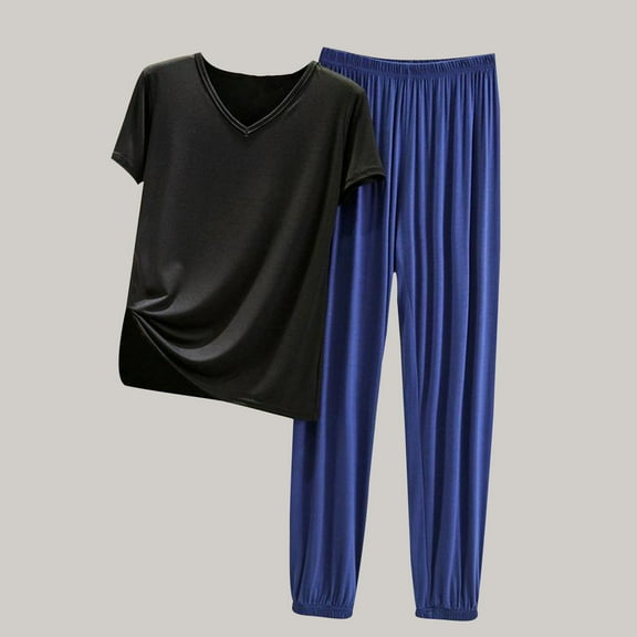 Miqool 2 Piece Lounge Sets for Women, Solid Color Pajamas Matching Outfits Short Sleeve Round Neck T-shirt with Elastic Waist Wide Leg Loose Pants Sleepwear Loungewear Sweatsuits