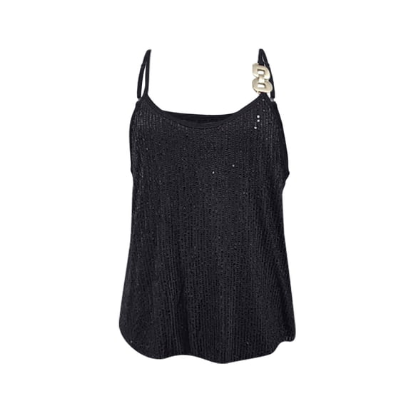 Gkeoshab Womens Blouses Sequin Reflective Tank Top Thin Summer Sleeveless Vest with Button Accent for Daily Wear & Parties Black L