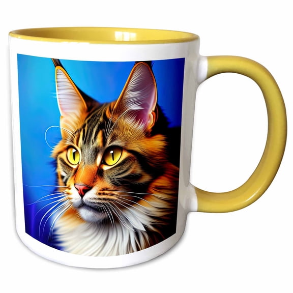 3drose, Adorable Maine Coon Cat Portrait on Blue. Digital Art Gift for You, 11oz Two-tone Yellow Mug