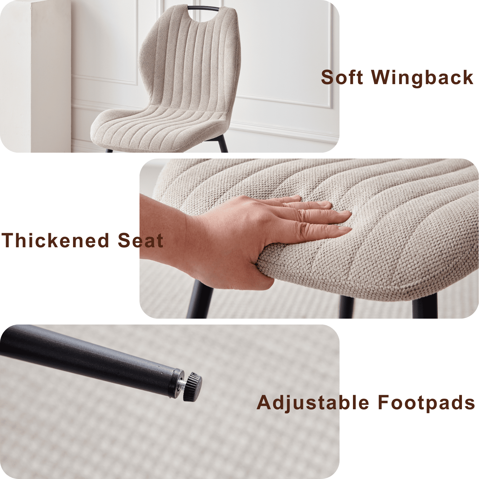 Dining Chairs Set of 4, Modern Upholstered Kitchen Chair for Living Room, Fabric Wingback Side Chairs with Metal Legs, Khaki
