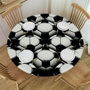 PIKWEEK Black and White Soccer Round Fitted Tablecloth Elastic Edge Waterproof Oil-Proof Table Cover Stain-Resistant Table Cloth Fits Round Tables