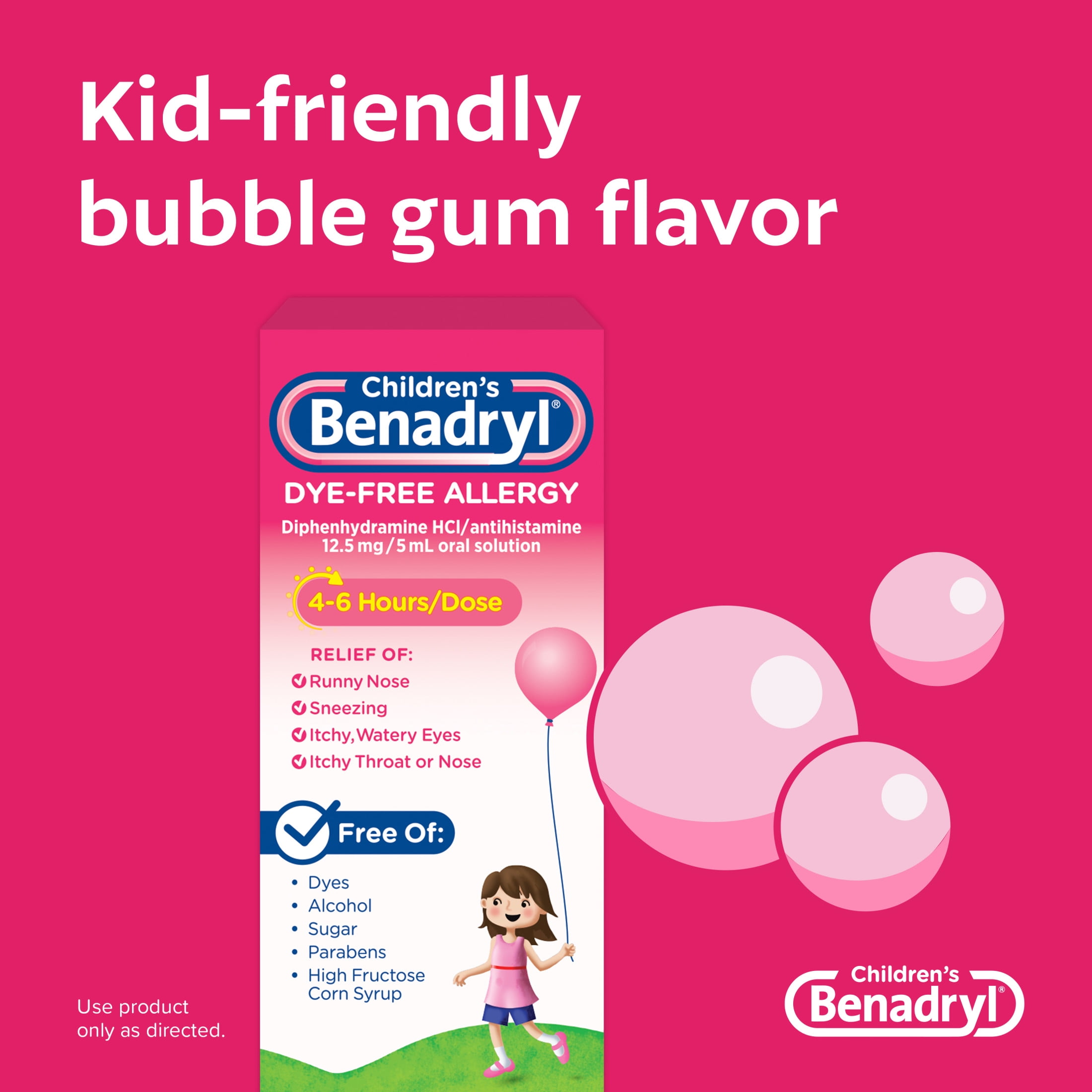 Children's Benadryl Dye-Free Allergy Liquid, Bubble Gum, 4 Fl. Oz ...