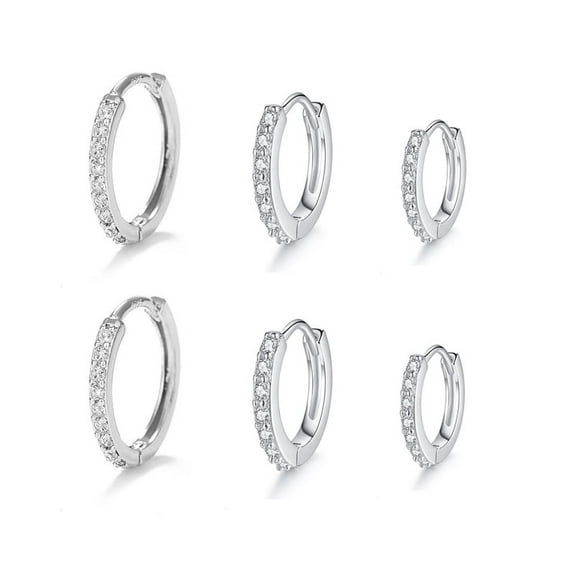 3Pairs Crystal Small Hoop Earrings CZ Sterling Silver Post for Women
