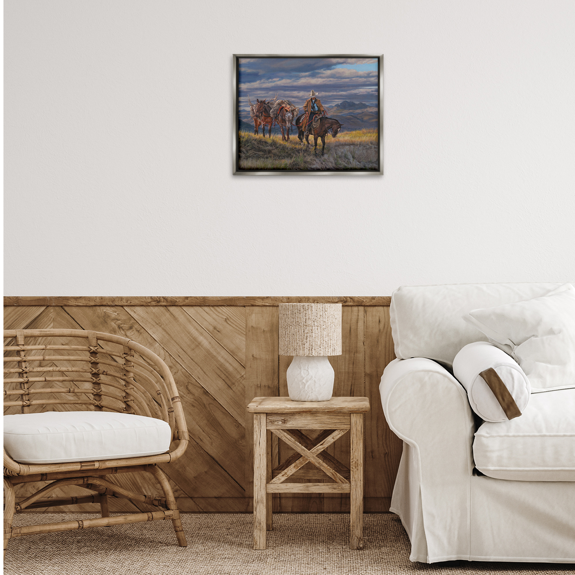 Stupell Industries Sauntering Cowboy & Horses Landscape Painting Gray Floater Framed Canvas Art Print Wall Art, 21 x 17