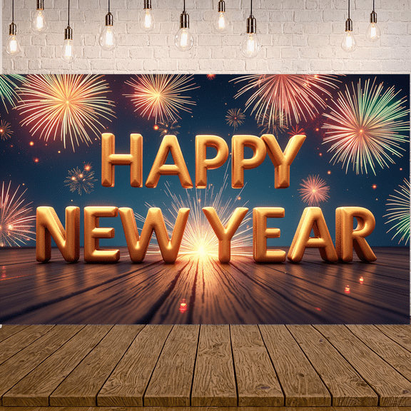 Colorful Balloons Happy New Year Festive Fireworks Decorative Stars Holiday Banner for New Year Party Indoor Celebration Photo Backdrop