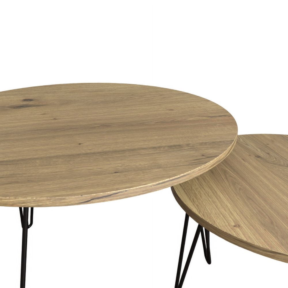 Yoneston 27.56" Round Nesting Coffee Table Set of 2, Wooden Tabletop End Table with Sturdy Metal Legs for Living Room Bedroom, Brown