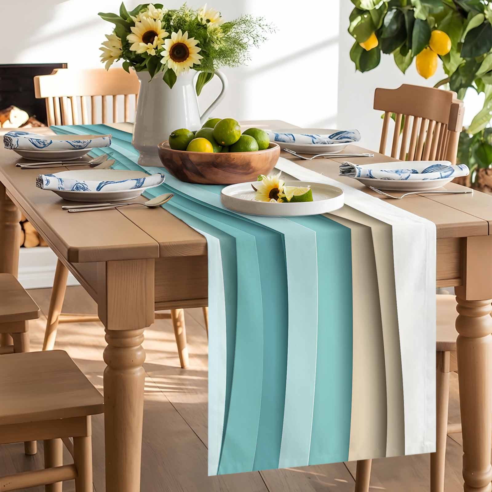 Teal Brown Gradient Water Ripple Table Runner 90 Inches Long, Abstract Geometric Table Runners Tabletop Scarf Kitchen Dining Tables Decoration for Home Party Indoor Outdoor