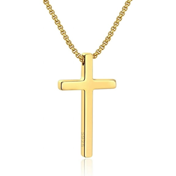 Cross Necklace for Men, Silver Black Gold Stainless Steel Plain Cross Pendant Necklace for Men Box Chain 16-30 Inch