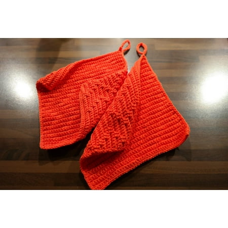 Crocheted Pot Holder - Canvas Print Crochet Red Oven Mitts Wool Fabric Stretched Canvas 32 x 24